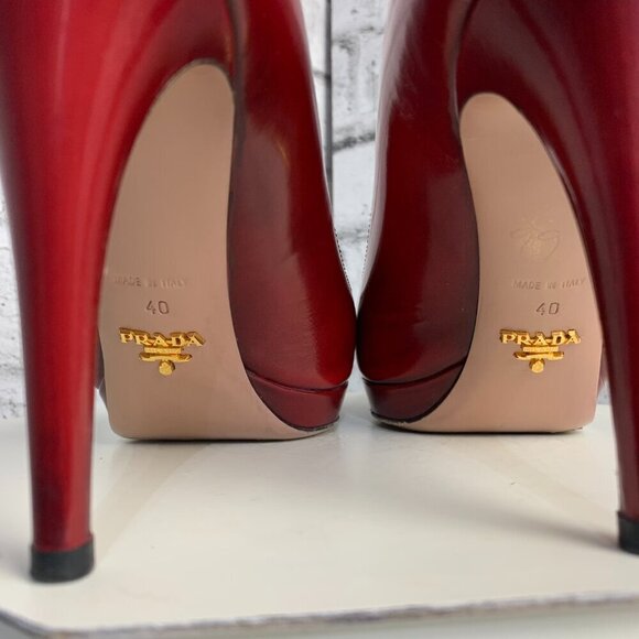 Prada Red Leather Platform Stiletto High Heel Pump - Picture 8 of 11